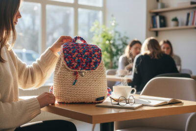 Sac à dos au crochet fait main modèle Juliette - Beige multicolore, porté au quotidien