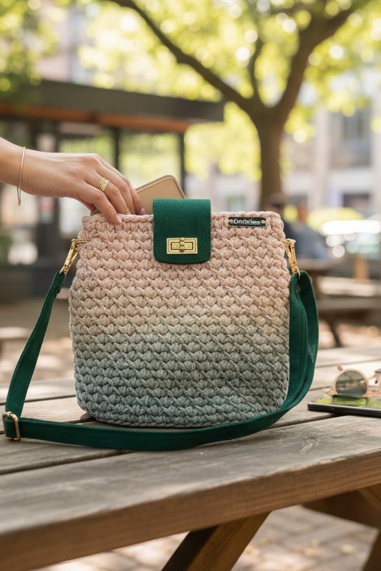 Sac bandulière au crochet fait main, modele Céleste Vert Pivoine, au quotidien.