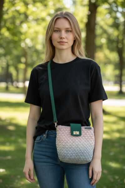 Sac bandoulière au crochet fait main modèle Céleste Vert Pivoine, porté au quotidien