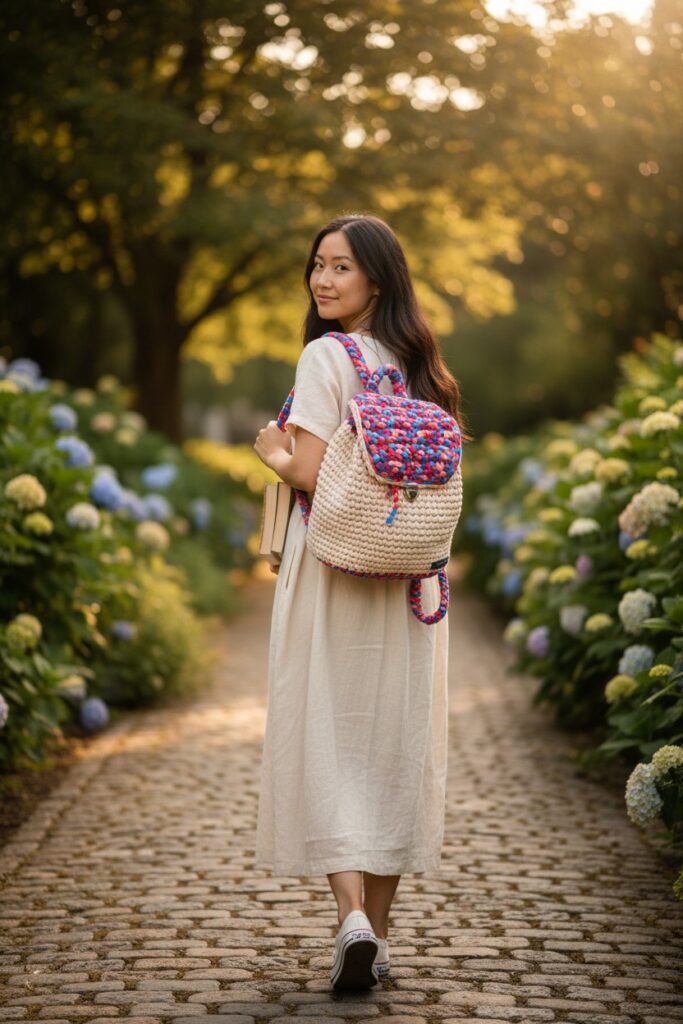 Sac á dos unique, crocheté fait main, pour femmes. Modele Juliette, beige, porté.