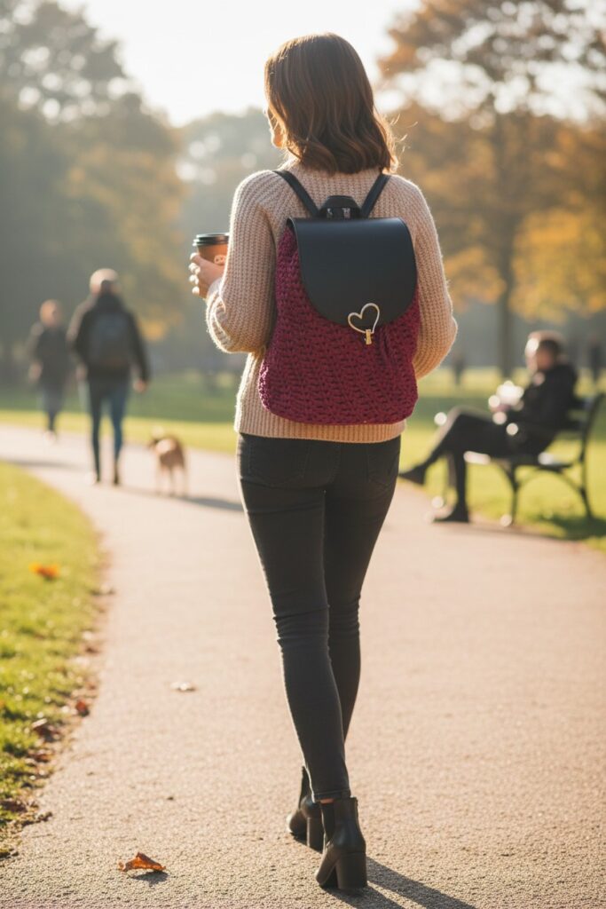 Sac á dos unique, crocheté au main, modele Susana Passion, bordeaux, porté.
