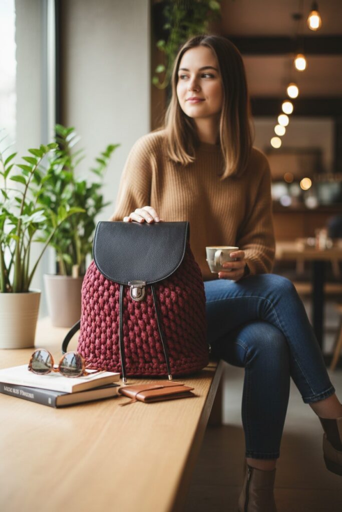 Sac á dos elegance naturelle, crocheté au main, modele Susana bordeaux, porté.