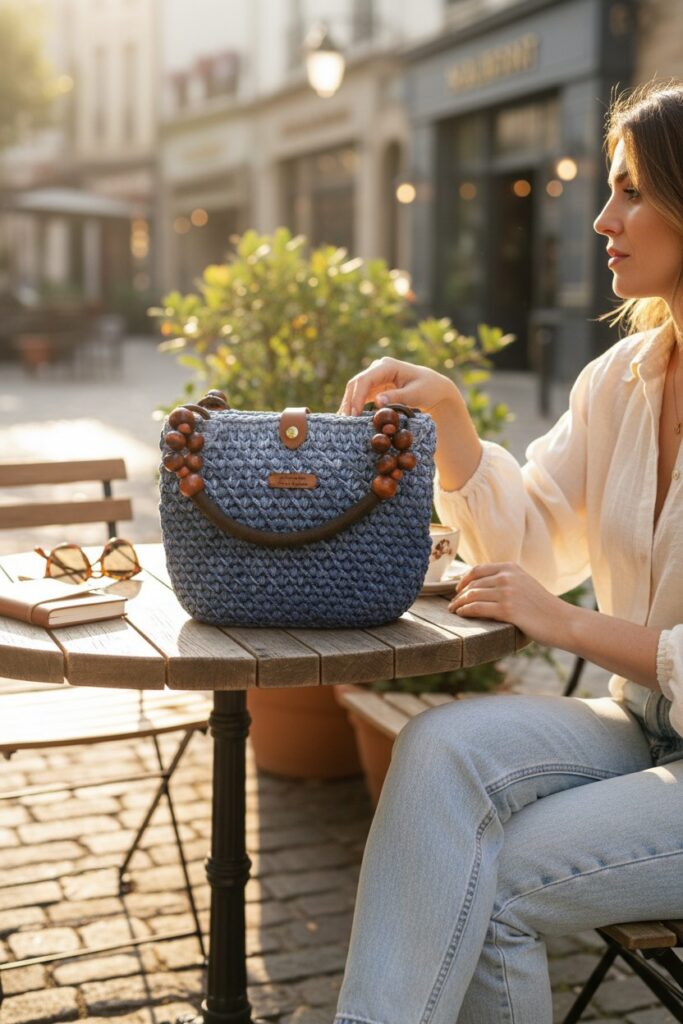 Sac à main au crochet fait main modèle Amélie - Azur Délicate, porté au quotidien