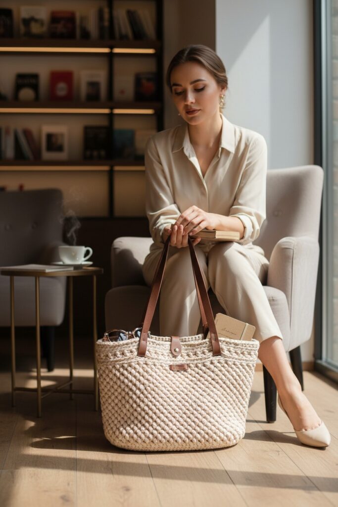 Sac bandouliere, fait a la main au crochet, modele Helene en couleur sand.