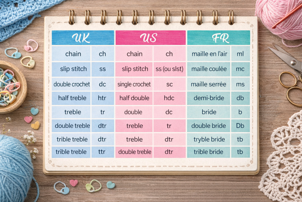 Table de termes de crochet multilingue US-UK-FR.
